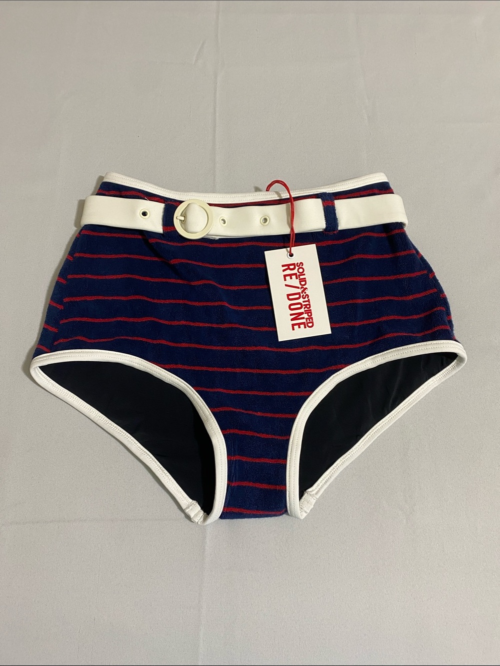 RE/DONE Solid & Striped Vintage Style High-Rise Belted Bikini Bottom Women's XS